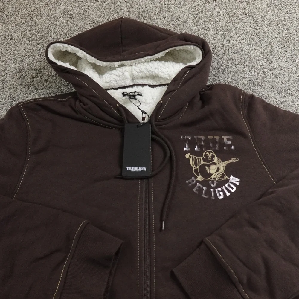 NEW True Religion Hoodie Mens‎ L Brown Buddha Sherpa Full Zip Sweatshirt Jacket